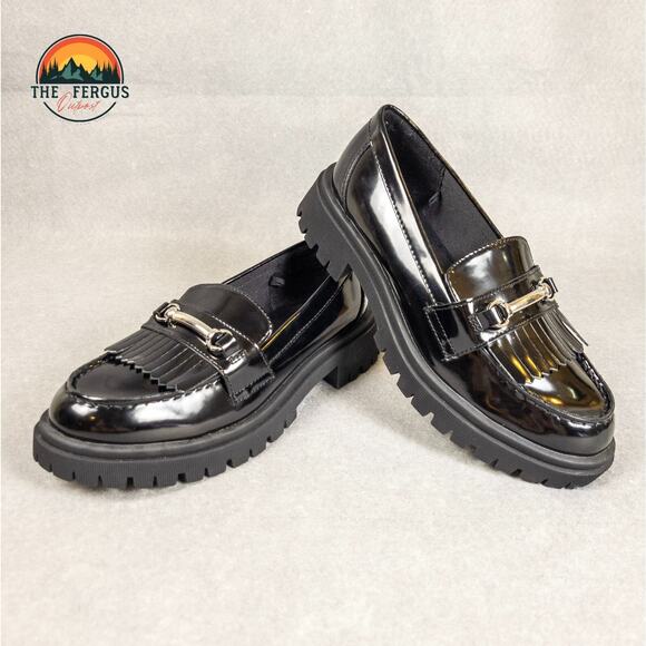 Old Navy Loafer Shoes Black Patent Faux Leather Lug Chunky Heel Women's Size 8.5 - Picture 9 of 11